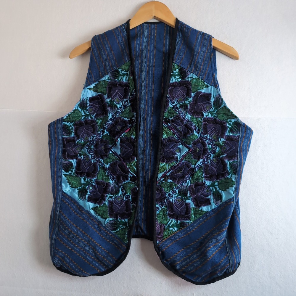 Vintage Hand Embroidered Floral Folk Vest Blue Woven Ikat Boho Open Front